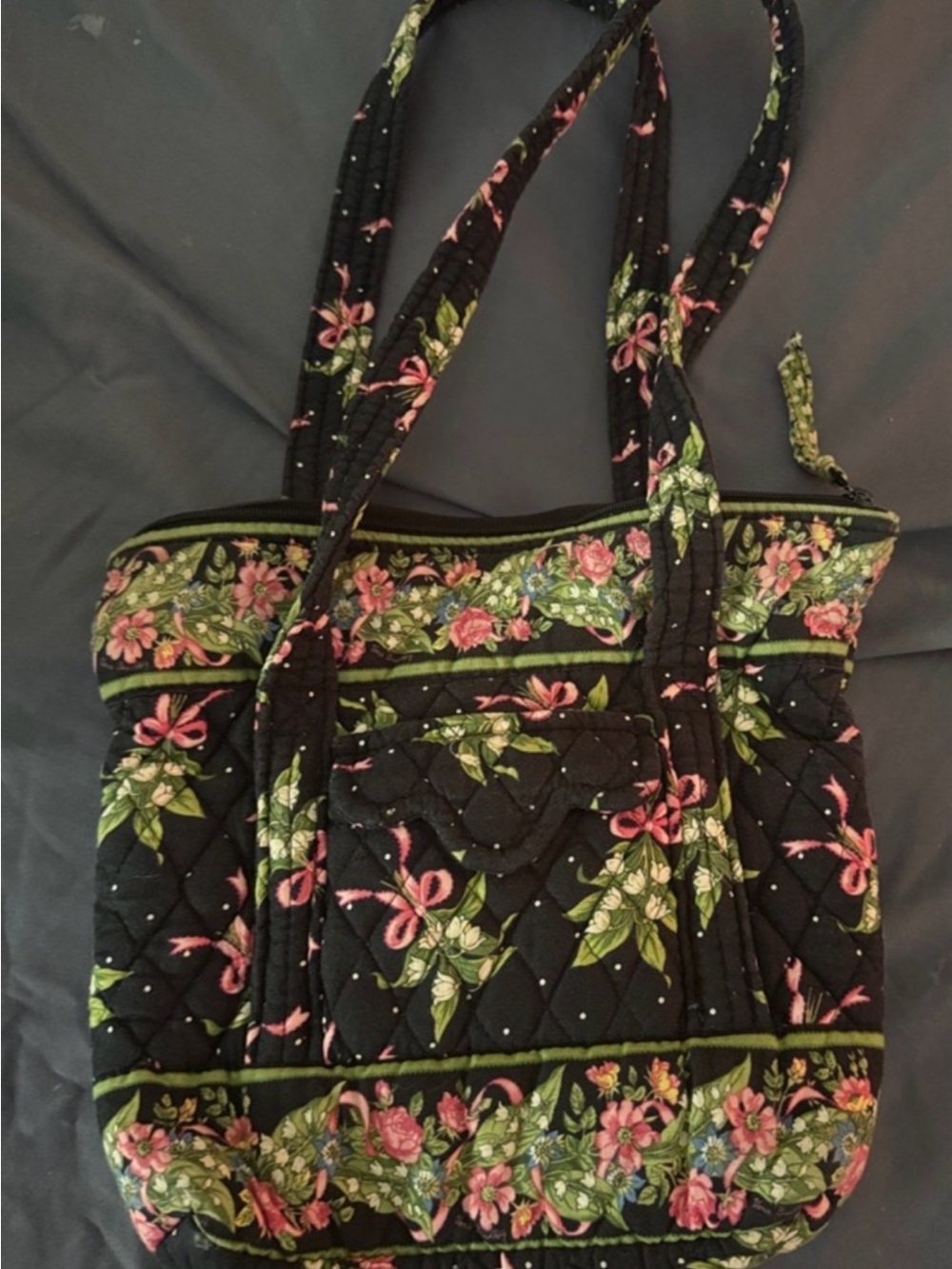 Quilted Floral Tote Bag in Black and Pink